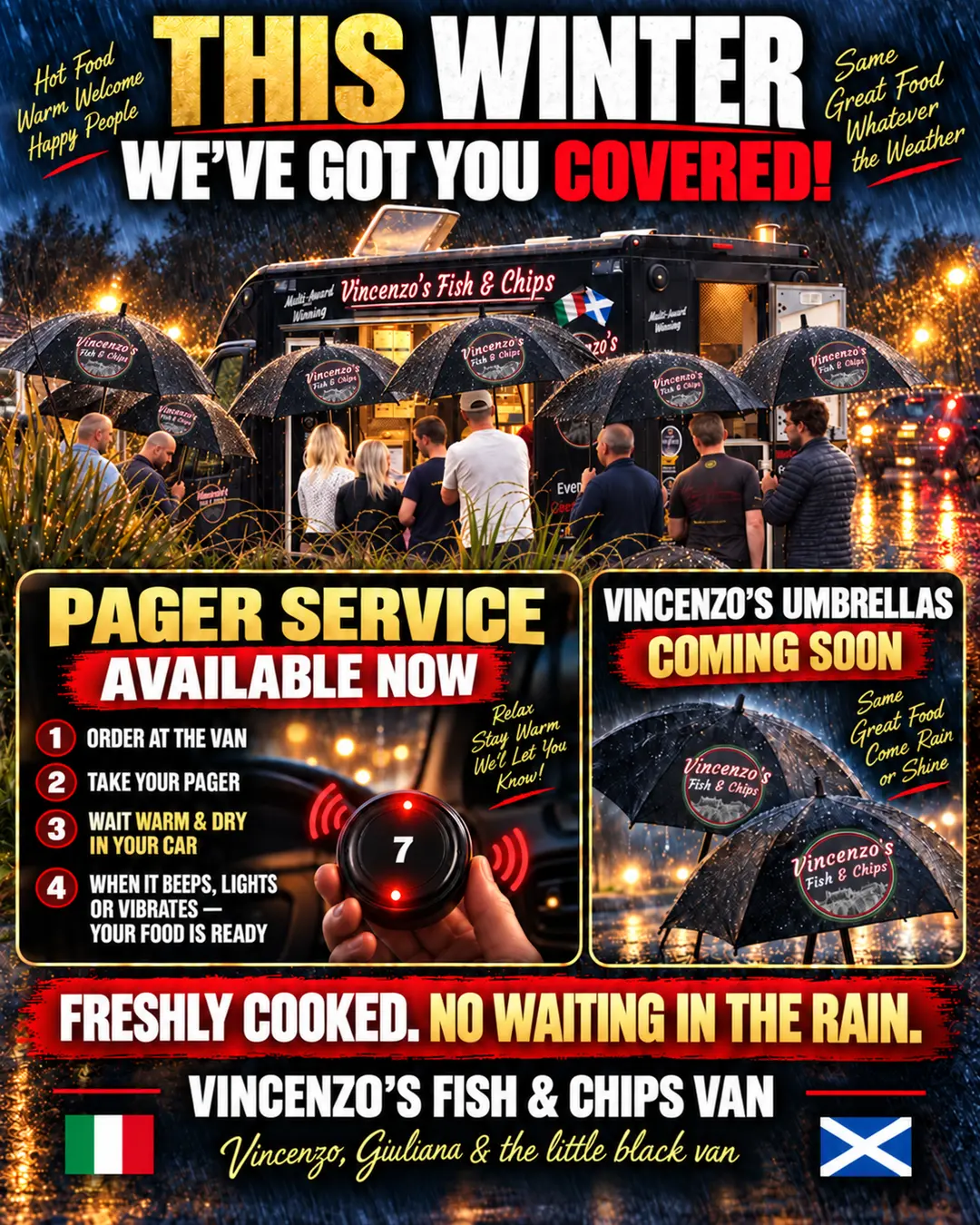 Vincenzo's winter service poster showing the little black van, customers with branded umbrellas and the pager service